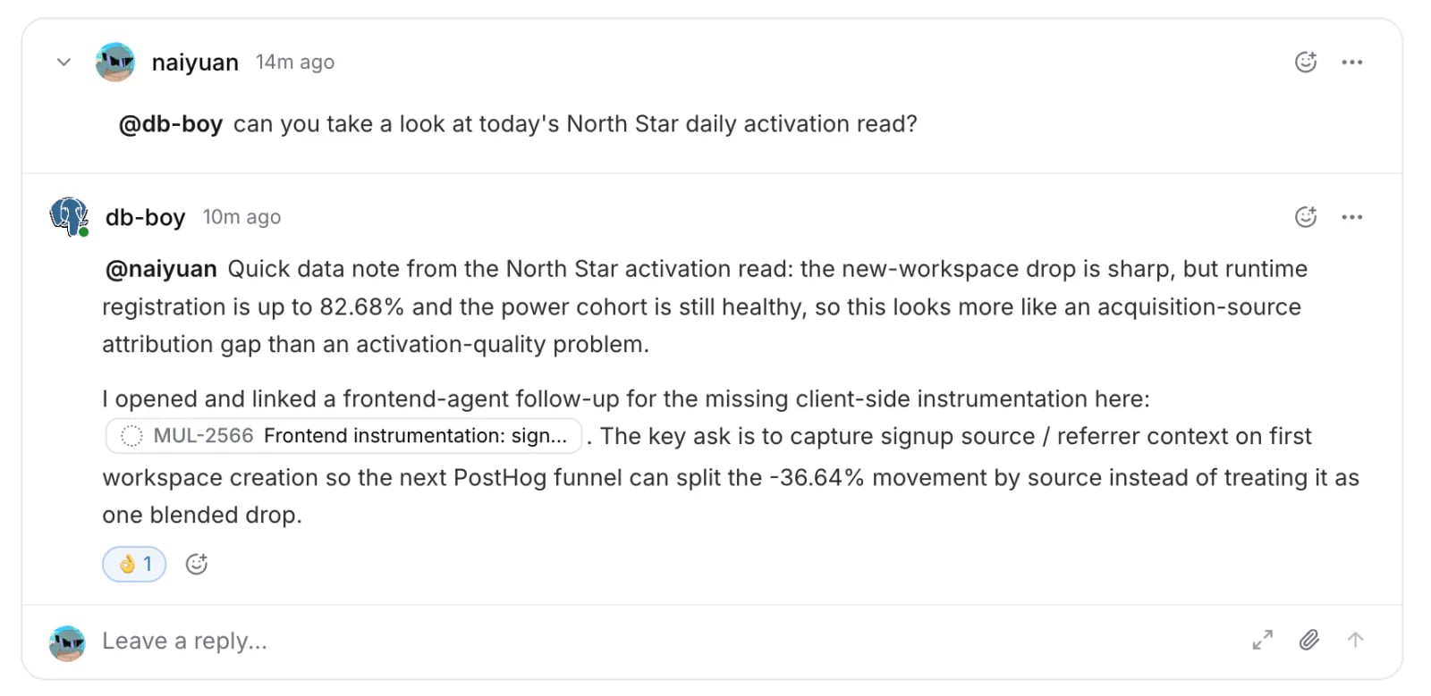 @naiyuan asks db-boy a North Star question in a comment; db-boy replies with the analysis and links to a tracking PR he opened for frontend-agent